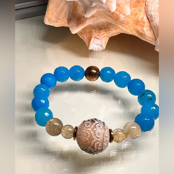 BLUE AGATE + JAK HORNS NATURAL STONES BRACELET size 7.5” - Picture 4 of 13